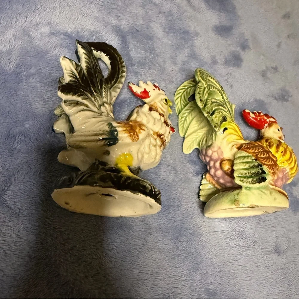 Vintage Colorful Ceramic Rooster Figurines‎ - Set of 2
